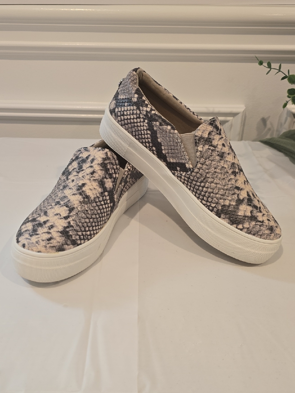 Cushionaire "Rhona" Snake Print Slip-On Sneakers in Beige/Black Women's - Size 7